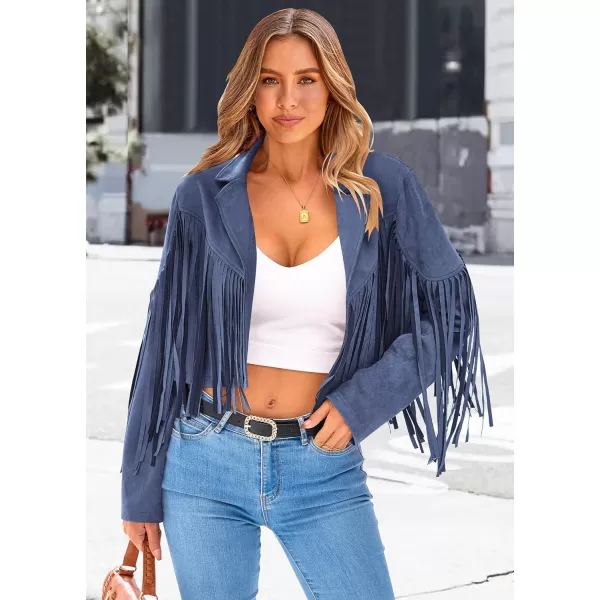 imagePRETTYGARDEN Womens Fringe Faux Suede Leather Jackets 2023 Fashion Tassel Motorcycle Cropped CoatsHaze Blue