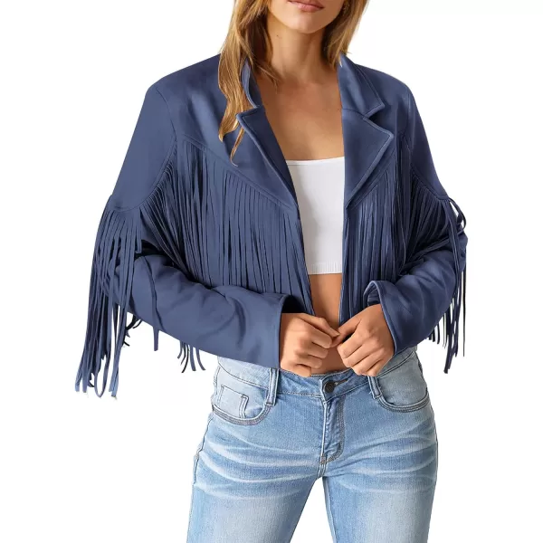 imagePRETTYGARDEN Womens Fringe Faux Suede Leather Jackets 2023 Fashion Tassel Motorcycle Cropped CoatsHaze Blue