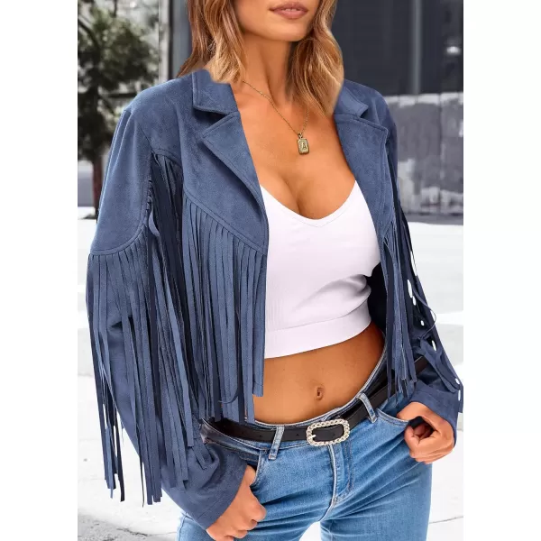 imagePRETTYGARDEN Womens Fringe Faux Suede Leather Jackets 2023 Fashion Tassel Motorcycle Cropped CoatsHaze Blue