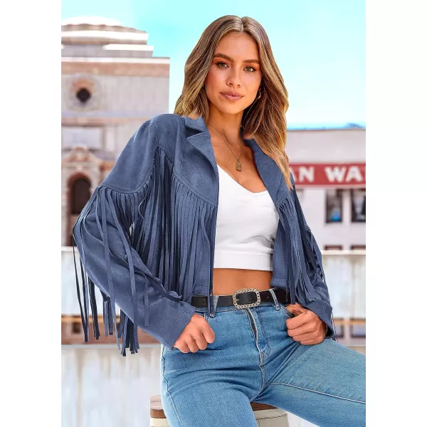imagePRETTYGARDEN Womens Fringe Faux Suede Leather Jackets 2023 Fashion Tassel Motorcycle Cropped CoatsHaze Blue