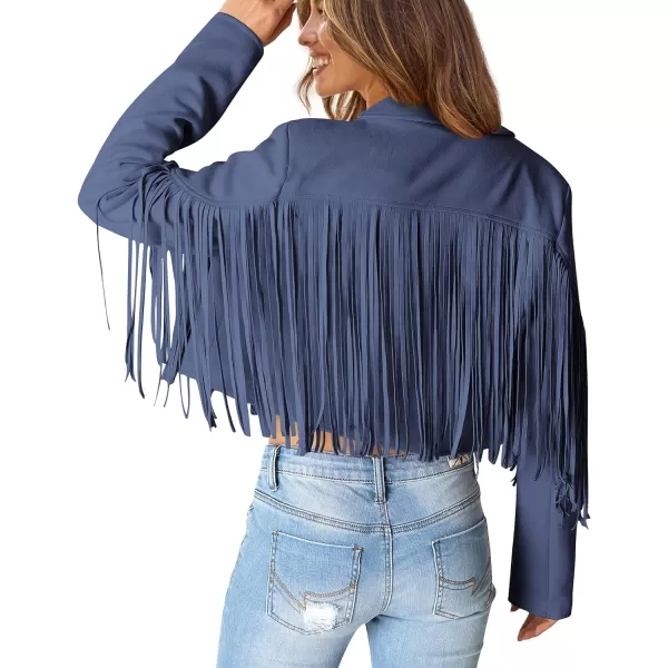 imagePRETTYGARDEN Womens Fringe Faux Suede Leather Jackets 2023 Fashion Tassel Motorcycle Cropped CoatsHaze Blue