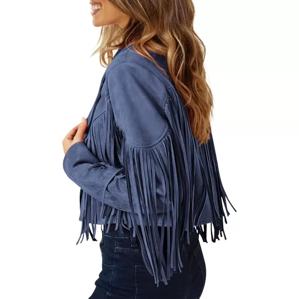 imagePRETTYGARDEN Womens Fringe Faux Suede Leather Jackets 2023 Fashion Tassel Motorcycle Cropped CoatsHaze Blue
