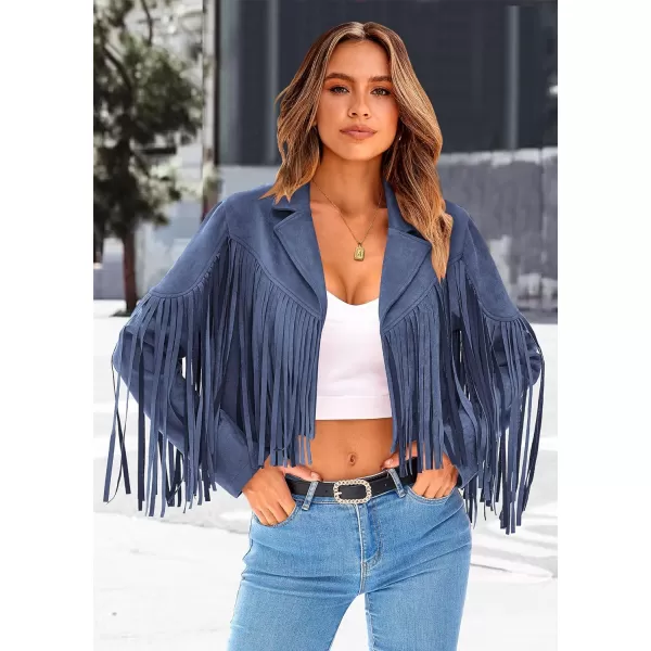 imagePRETTYGARDEN Womens Fringe Faux Suede Leather Jackets 2023 Fashion Tassel Motorcycle Cropped CoatsHaze Blue