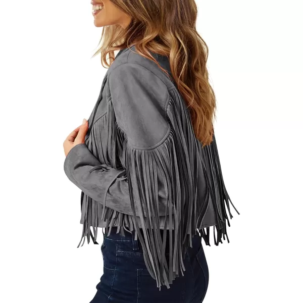 imagePRETTYGARDEN Womens Fringe Faux Suede Leather Jackets 2023 Fashion Tassel Motorcycle Cropped CoatsSilver Grey