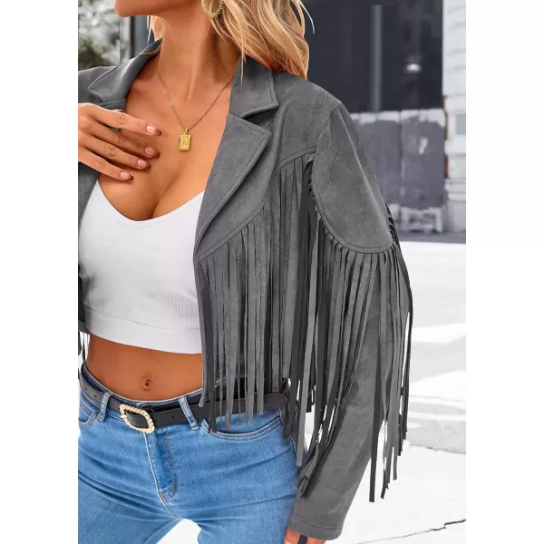 imagePRETTYGARDEN Womens Fringe Faux Suede Leather Jackets 2023 Fashion Tassel Motorcycle Cropped CoatsSilver Grey