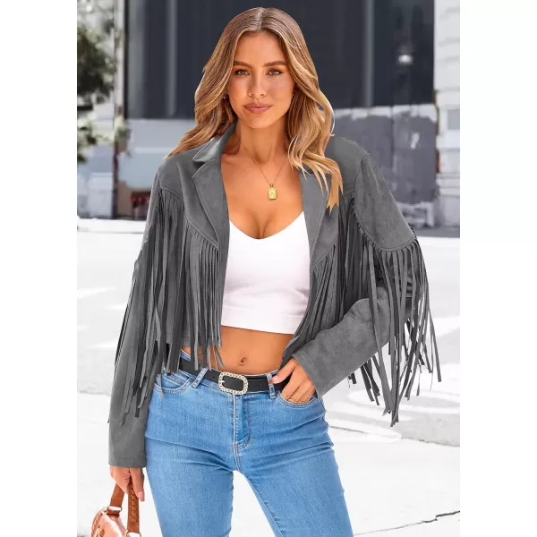 imagePRETTYGARDEN Womens Fringe Faux Suede Leather Jackets 2023 Fashion Tassel Motorcycle Cropped CoatsSilver Grey