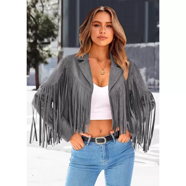 imagePRETTYGARDEN Womens Fringe Faux Suede Leather Jackets 2023 Fashion Tassel Motorcycle Cropped CoatsSilver Grey
