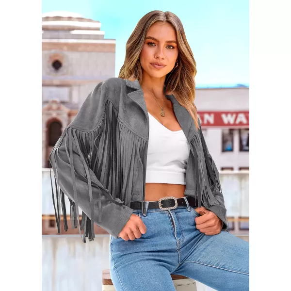 imagePRETTYGARDEN Womens Fringe Faux Suede Leather Jackets 2023 Fashion Tassel Motorcycle Cropped CoatsSilver Grey