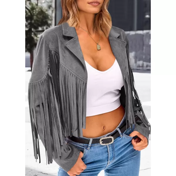 imagePRETTYGARDEN Womens Fringe Faux Suede Leather Jackets 2023 Fashion Tassel Motorcycle Cropped CoatsSilver Grey