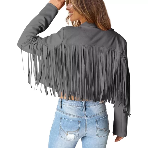 imagePRETTYGARDEN Womens Fringe Faux Suede Leather Jackets 2023 Fashion Tassel Motorcycle Cropped CoatsSilver Grey