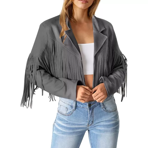 imagePRETTYGARDEN Womens Fringe Faux Suede Leather Jackets 2023 Fashion Tassel Motorcycle Cropped CoatsSilver Grey