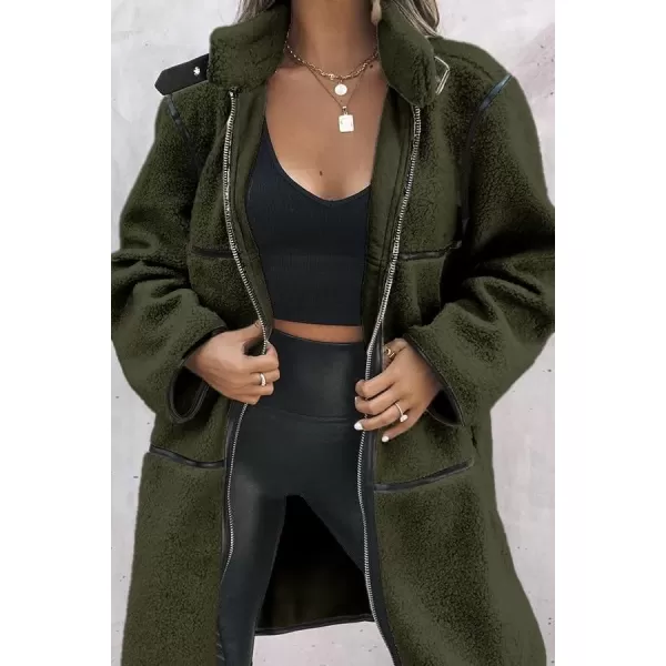 imagePRETTYGARDEN Womens Full Zip Fleece Jacket Long Sleeve Lapel Warm Winter Sherpa Coat With PocketsArmy Green