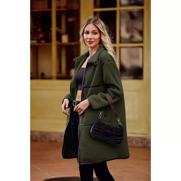 imagePRETTYGARDEN Womens Full Zip Fleece Jacket Long Sleeve Lapel Warm Winter Sherpa Coat With PocketsArmy Green