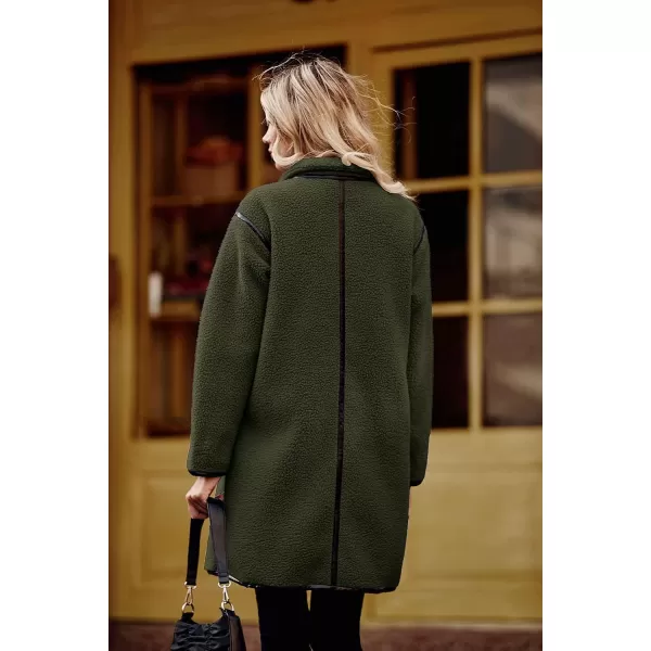 imagePRETTYGARDEN Womens Full Zip Fleece Jacket Long Sleeve Lapel Warm Winter Sherpa Coat With PocketsArmy Green