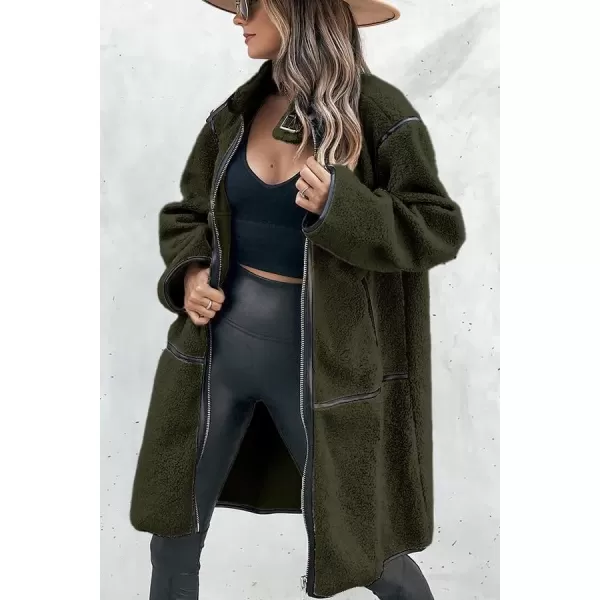 imagePRETTYGARDEN Womens Full Zip Fleece Jacket Long Sleeve Lapel Warm Winter Sherpa Coat With PocketsArmy Green