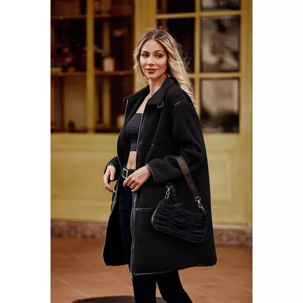 imagePRETTYGARDEN Womens Full Zip Fleece Jacket Long Sleeve Lapel Warm Winter Sherpa Coat With PocketsBlack
