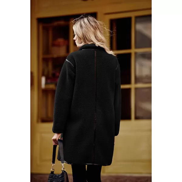 imagePRETTYGARDEN Womens Full Zip Fleece Jacket Long Sleeve Lapel Warm Winter Sherpa Coat With PocketsBlack