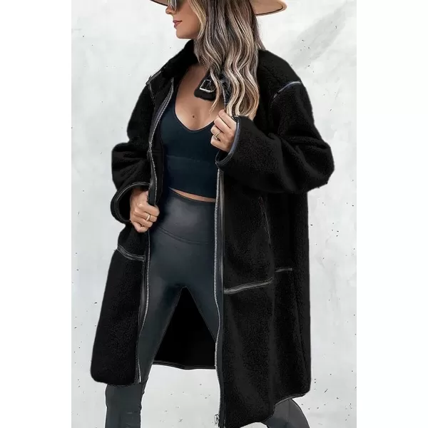 imagePRETTYGARDEN Womens Full Zip Fleece Jacket Long Sleeve Lapel Warm Winter Sherpa Coat With PocketsBlack