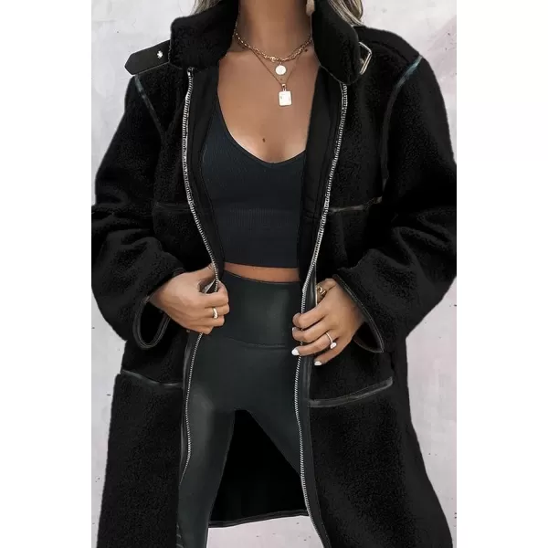 imagePRETTYGARDEN Womens Full Zip Fleece Jacket Long Sleeve Lapel Warm Winter Sherpa Coat With PocketsBlack