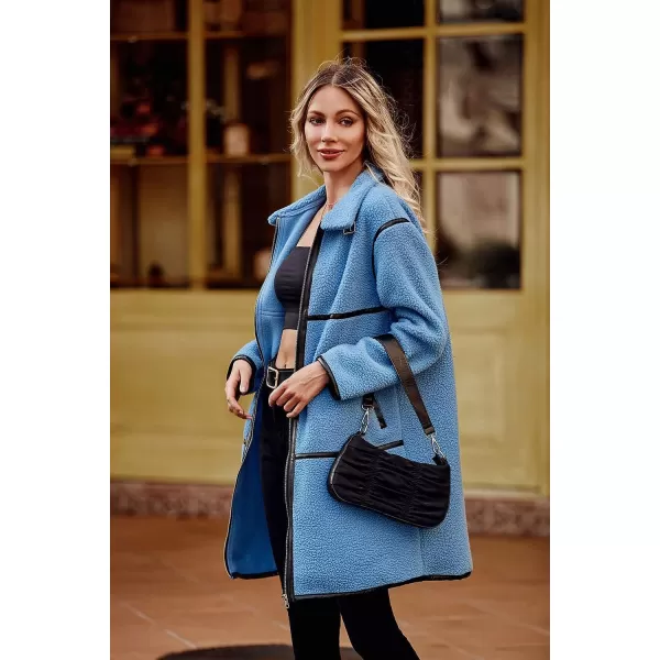 imagePRETTYGARDEN Womens Full Zip Fleece Jacket Long Sleeve Lapel Warm Winter Sherpa Coat With PocketsBlue