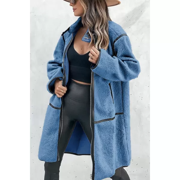 imagePRETTYGARDEN Womens Full Zip Fleece Jacket Long Sleeve Lapel Warm Winter Sherpa Coat With PocketsBlue
