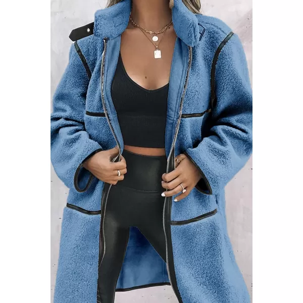 imagePRETTYGARDEN Womens Full Zip Fleece Jacket Long Sleeve Lapel Warm Winter Sherpa Coat With PocketsBlue