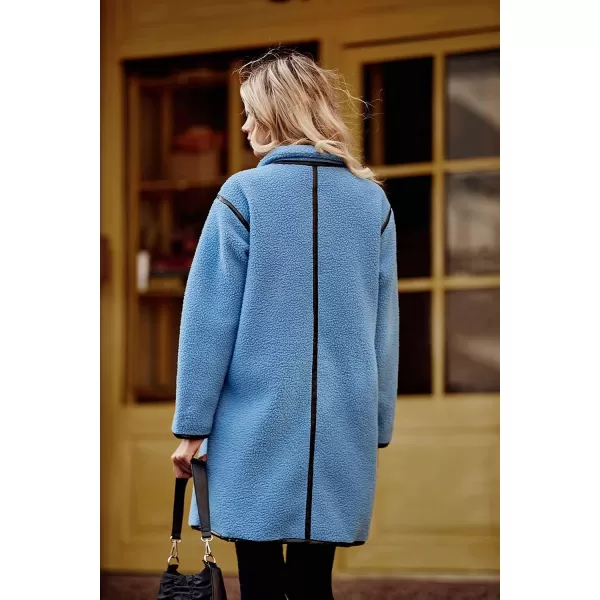 imagePRETTYGARDEN Womens Full Zip Fleece Jacket Long Sleeve Lapel Warm Winter Sherpa Coat With PocketsBlue