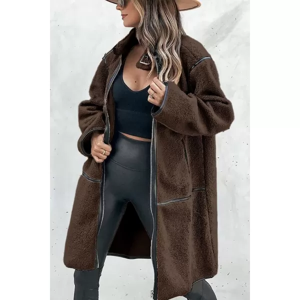 imagePRETTYGARDEN Womens Full Zip Fleece Jacket Long Sleeve Lapel Warm Winter Sherpa Coat With PocketsCoffee