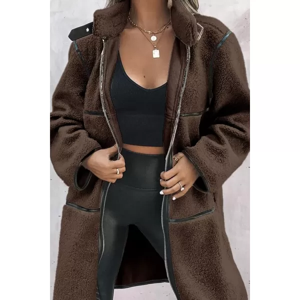 imagePRETTYGARDEN Womens Full Zip Fleece Jacket Long Sleeve Lapel Warm Winter Sherpa Coat With PocketsCoffee