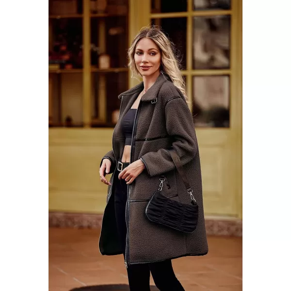 imagePRETTYGARDEN Womens Full Zip Fleece Jacket Long Sleeve Lapel Warm Winter Sherpa Coat With PocketsCoffee