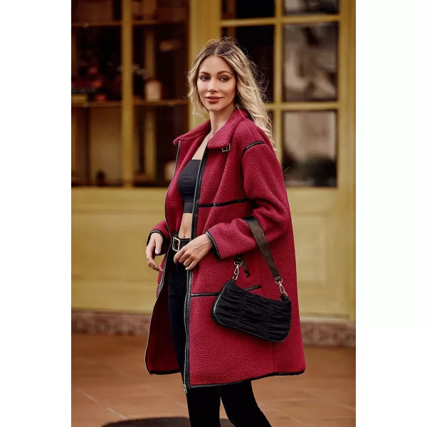imagePRETTYGARDEN Womens Full Zip Fleece Jacket Long Sleeve Lapel Warm Winter Sherpa Coat With PocketsJujube Red