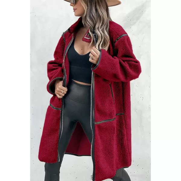 imagePRETTYGARDEN Womens Full Zip Fleece Jacket Long Sleeve Lapel Warm Winter Sherpa Coat With PocketsJujube Red