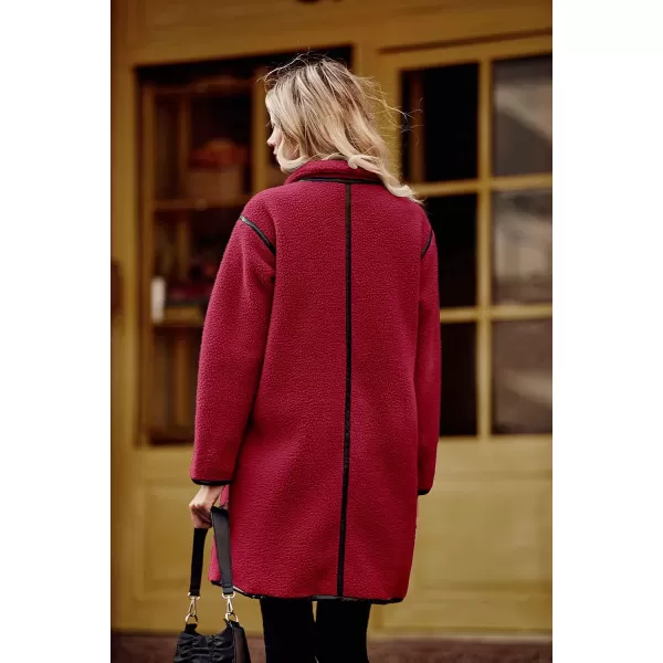 imagePRETTYGARDEN Womens Full Zip Fleece Jacket Long Sleeve Lapel Warm Winter Sherpa Coat With PocketsJujube Red