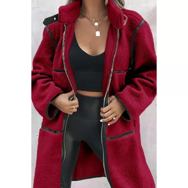 imagePRETTYGARDEN Womens Full Zip Fleece Jacket Long Sleeve Lapel Warm Winter Sherpa Coat With PocketsJujube Red