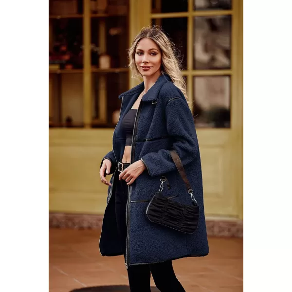 imagePRETTYGARDEN Womens Full Zip Fleece Jacket Long Sleeve Lapel Warm Winter Sherpa Coat With PocketsNavy