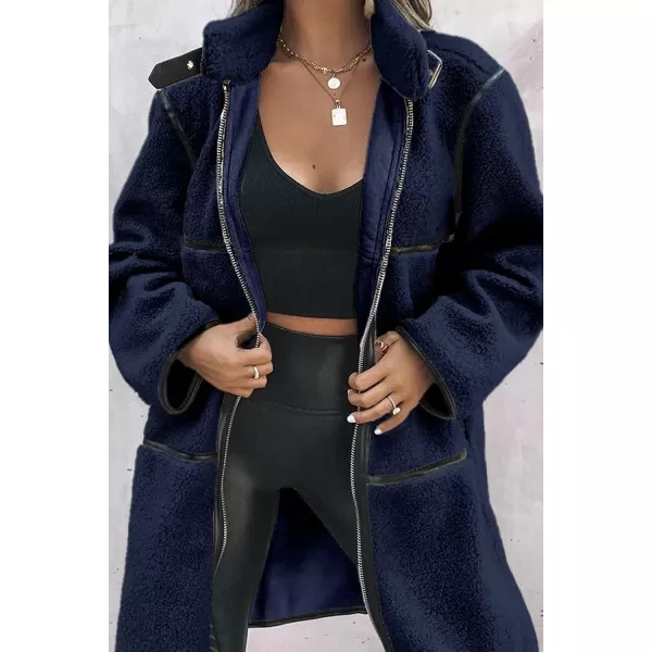 imagePRETTYGARDEN Womens Full Zip Fleece Jacket Long Sleeve Lapel Warm Winter Sherpa Coat With PocketsNavy