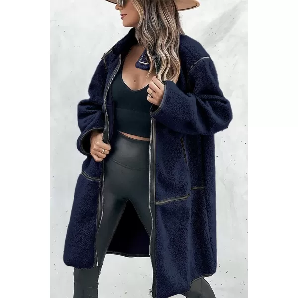 imagePRETTYGARDEN Womens Full Zip Fleece Jacket Long Sleeve Lapel Warm Winter Sherpa Coat With PocketsNavy