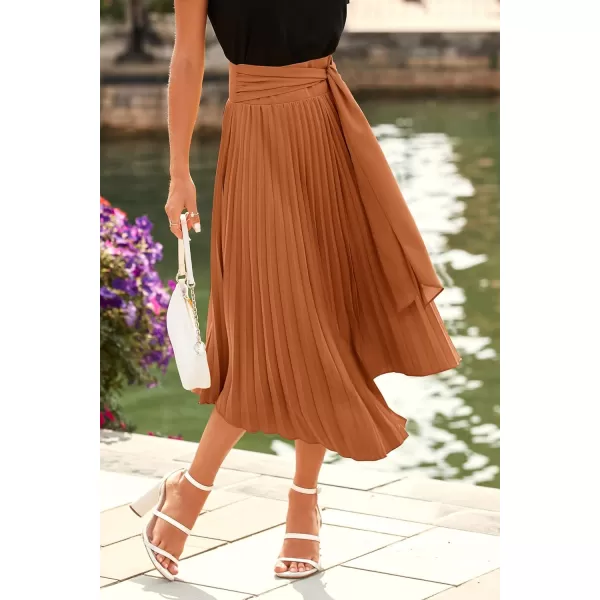 imagePRETTYGARDEN Womens High Waisted Midi Skirts Tie Front Ruffle Flowy Long Asymmetrical Pleated Summer Skirt DressSolid Brown