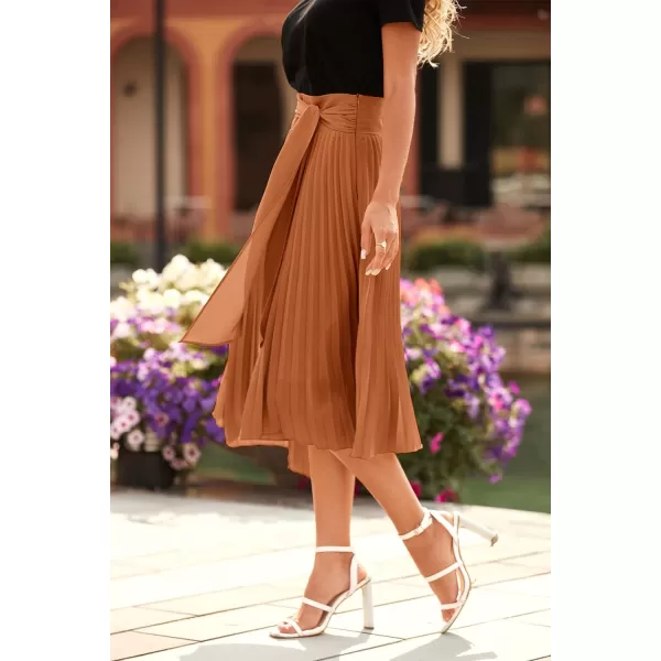 imagePRETTYGARDEN Womens High Waisted Midi Skirts Tie Front Ruffle Flowy Long Asymmetrical Pleated Summer Skirt DressSolid Brown