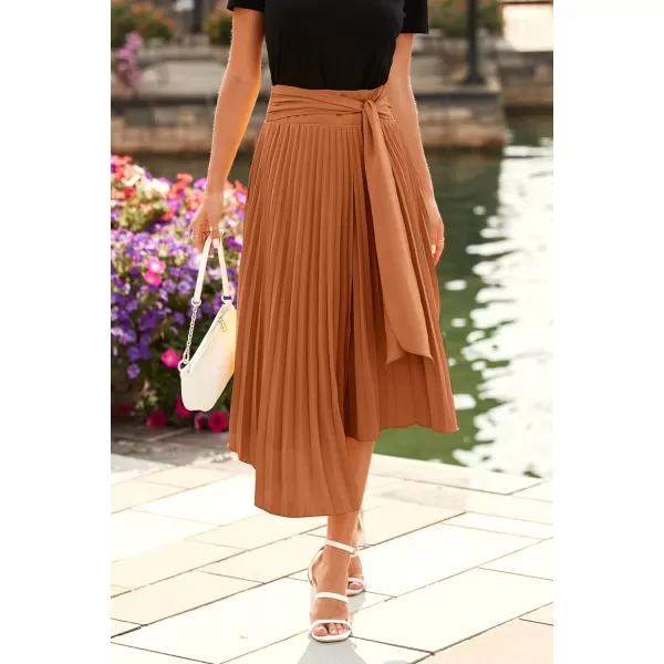 imagePRETTYGARDEN Womens High Waisted Midi Skirts Tie Front Ruffle Flowy Long Asymmetrical Pleated Summer Skirt DressSolid Brown