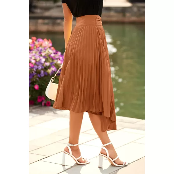 imagePRETTYGARDEN Womens High Waisted Midi Skirts Tie Front Ruffle Flowy Long Asymmetrical Pleated Summer Skirt DressSolid Brown