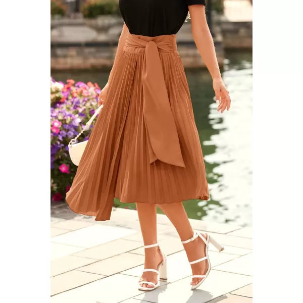 imagePRETTYGARDEN Womens High Waisted Midi Skirts Tie Front Ruffle Flowy Long Asymmetrical Pleated Summer Skirt DressSolid Brown