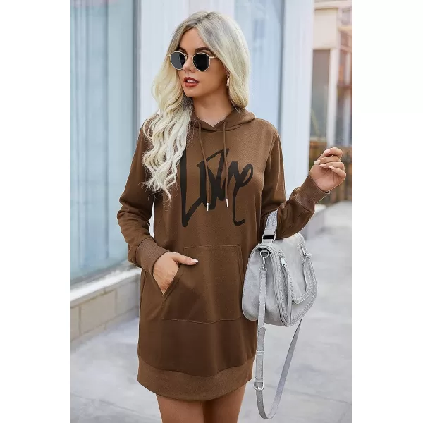 imagePRETTYGARDEN Womens Hooded Sweatshirt Drawstring Lightweight Long Sleeve Pullover Hoodie DressBrown