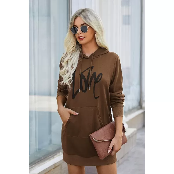 imagePRETTYGARDEN Womens Hooded Sweatshirt Drawstring Lightweight Long Sleeve Pullover Hoodie DressBrown