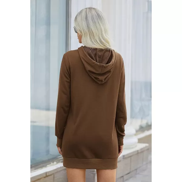 imagePRETTYGARDEN Womens Hooded Sweatshirt Drawstring Lightweight Long Sleeve Pullover Hoodie DressBrown