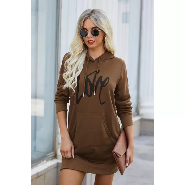 imagePRETTYGARDEN Womens Hooded Sweatshirt Drawstring Lightweight Long Sleeve Pullover Hoodie DressBrown