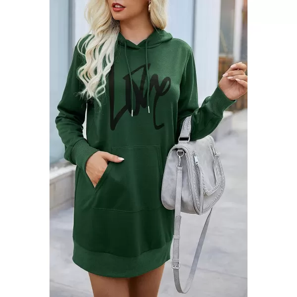 imagePRETTYGARDEN Womens Hooded Sweatshirt Drawstring Lightweight Long Sleeve Pullover Hoodie DressDark Green
