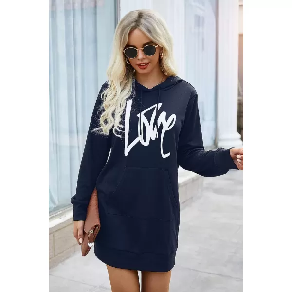 imagePRETTYGARDEN Womens Hooded Sweatshirt Drawstring Lightweight Long Sleeve Pullover Hoodie DressNavy
