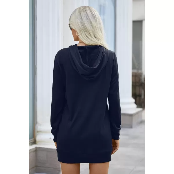 imagePRETTYGARDEN Womens Hooded Sweatshirt Drawstring Lightweight Long Sleeve Pullover Hoodie DressNavy