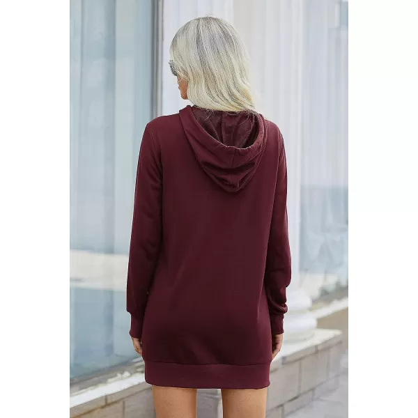 imagePRETTYGARDEN Womens Hooded Sweatshirt Drawstring Lightweight Long Sleeve Pullover Hoodie DressWine Red